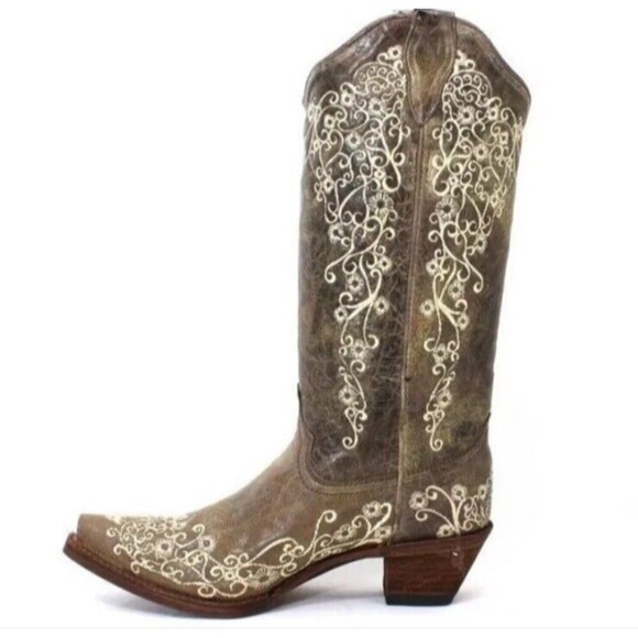 Corral Distressed Brown Cowgirl Boots Bone Embroidery 7.5 Western Cowboy Boho - Picture 3 of 16